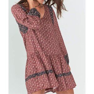 Faherty Sibley Popover Dress V Neck Long Sleeve Tiered Viscose Marron Ditsy Prin